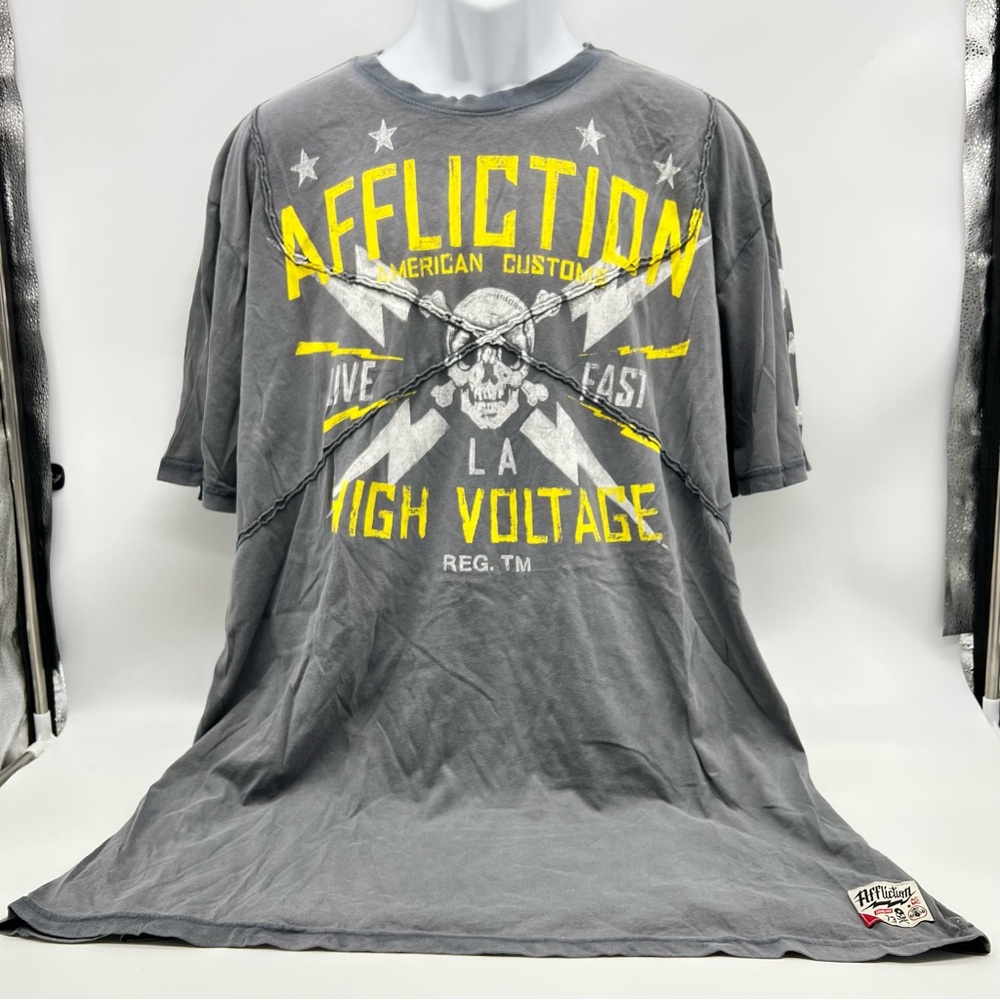 Affliction Gray-Yellow/White Graphic Print Short Sleeve Tee-Stitched Detail-3XL